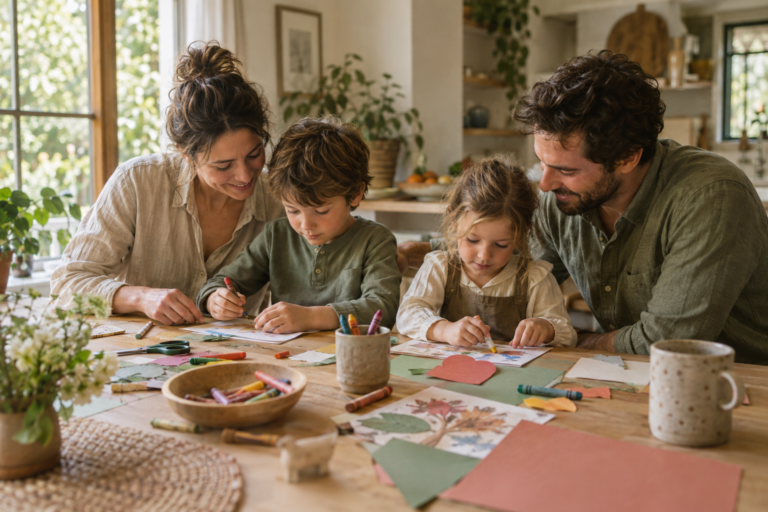 Illustration of a family making paper crafts together at a kitchen table